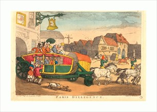 Thomas Rowlandson (British, 1756  1827 ), Paris Diligence, probably 1810, hand colored etching