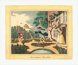 Thomas Rowlandson (British, 1756  1827 ), Butterfly Hunting, 1806, hand colored etching