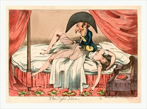 The night mare, England ca. 1790, a scantily clad woman asleep on a bed, a little man sitting on