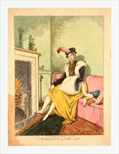 A Curiosity in Ireland, Lady seated by the fire., London, 1814, a woman sitting on settee by
