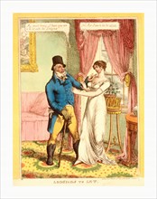Lodgings to let, C.W., London, 1814, a fashionably dressed man standing in a well-furnished