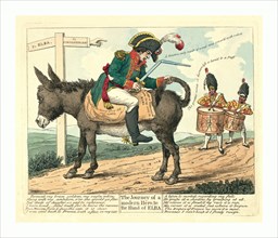 The journey of a modern hero, to the island of Elba, London, 1814, Napoleon I seated backwards on a