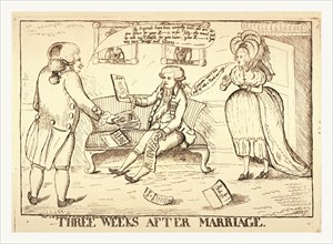 Three weeks after marriage, London, 1786, a man standing on the left offering portraits of new