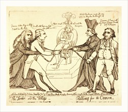 The Tories and the Whigs pulling for a crown, London, 1789, George, Prince of Wales, seated on a