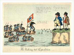 The washing-tub expedition, London, 1803, Napoleon I wearing an oversized hat and holding a large