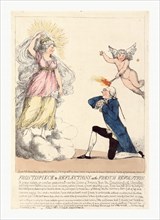 Frontispiece to Reflections on the French revolution, engraving 1790, Edmund Burke on bended knee