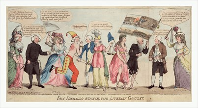 Don Dismallo running the literary gantlet, engraving  1790, Edmund Burke in fools dress receiving