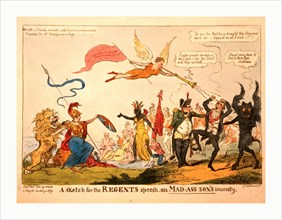 A sketch for the regents speech on Mad-ass-son's insanity, Cruikshank, George, 1792-1878, engraving
