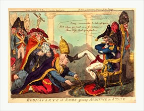 Buonaparte at Rome giving audience in state, Cruikshank, Isaac, 1756?-1811?, engraving 1797,