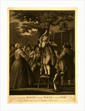 The grinning match, a humourous scene at a country fair, engraving 1775, mezzotint., A man stands