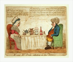 Mr. and Mrs. Bull reflecting on the taxes, a domestic scene with a man and a woman sitting at
