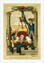 Suspension of the habeas corpus, 1817, John Bull suspended by his feet between two columns labeled