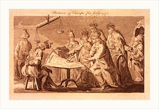 Picture of Europe for July 1772, Catherine II, Leopold II, and Frederick William II seated at table