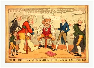 The modern Job! or John Bull and his comforts!, engraving 1816, John Bull, in tattered clothes,