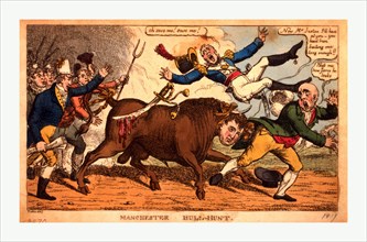 Manchester bull-hunt, engraving 1819 Sept.(?), a bull, with the head of John Bull, tossing a member