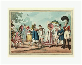 Monstrosities of 1818, engraving 1818, unusual clothing styles in men's and women's fashions,