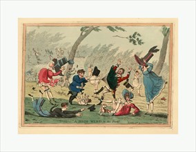 A high wind in the park!  engraving 1819, a strong wind blowing down men, women, and children,