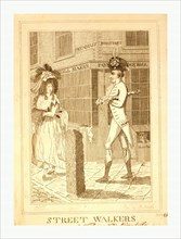 Street walkers, en sanguine engraving 1786, a well dressed man wearing large hat, possibly George