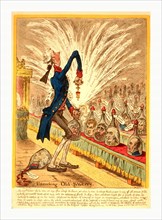 Uncorking old sherry, William Pitt stands in the House of Commons, facing the opposition which is