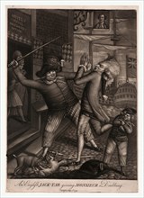 An English jack-tar giving monsieur a drubbing, London : Robert Sayer, en sanguine engraving 1779,
