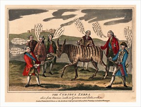 The curious zebra alive from America! walk in gem'men and ladies, walk in, Cartoon shows a group of