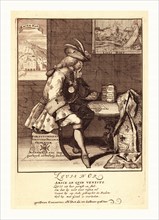 Louis d'Or, [1705], 1 print : etching., Print shows Louis XIV sitting at a table, resting on his