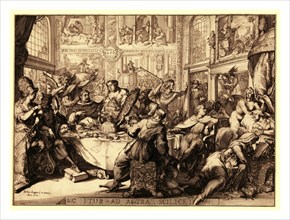 Louis d'Or au soleil, en sanguine engraving 1705, Louis XIV sitting next to a table, head resting