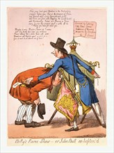 Billy's Raree-Show or John Bull en lighten'd, [England], engraving 1797, Pitt, as a peep-show man,