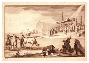York town, en sanguine engraving shows America receiving the surrender of Cornwallis in the
