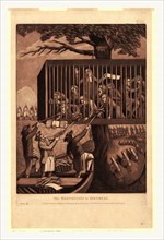 The Bostonians in distress, en sanguine engraving 1774, Bostonians held captive in a cage suspended