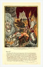 The life of William Cobbett, engraving 1809, Cobbett surrounded by flames and beset by ghosts,