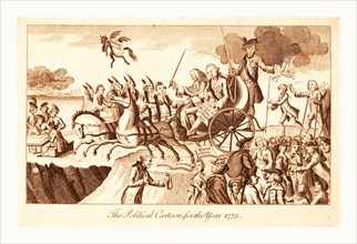 The political cartoon for the year 1775, en sanguine engraving shows George III and Lord Mansfield,