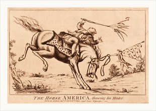 The horse America, throwing his master, en sanguine engraving shows a horse America throwing its