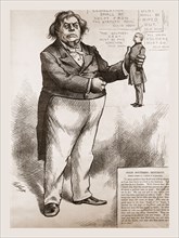 HE WILL BE GULLIVER IN THE HANDS OF THE BROBPINGNAGIANS., 1880, 19th century engraving, USA,