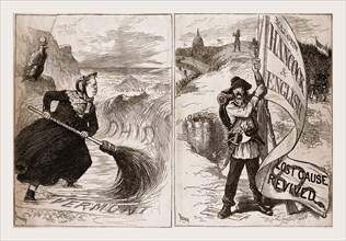 Mrs. Partington Hancock struggling with the Republican tide., 1880, 19th century engraving, USA,
