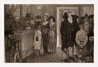 WOMEN AT THE POLLS IN NEW JERSEY IN THE GOOD OLD TIMES--DRAWN BY HOWARD PYLE., 1880, 19th century