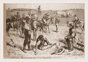 Among the Cow Boys, betting the Bull Fight., 1880, 19th century engraving, USA, America