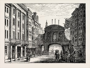 TEMPLE BAR AND THE DEVIL TAVERN,  London, UK, 19th century engraving