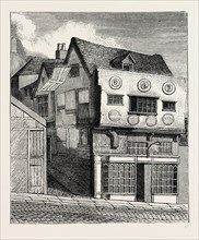 AN OLD HOUSE ON LITTLE TOWER HILL. London, UK, 19th century engraving