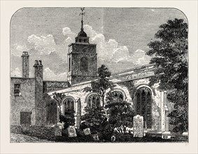 THE CHURCH OF ALLHALLOWS, BARKING, IN 1750. London, UK, 19th century engraving