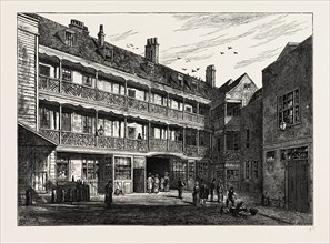 THE INNER COURT OF THE OLD "BELLE SAUVAGE."  London, UK, 19th century engraving