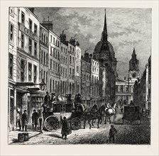 THE NORTH SIDE OF LUDGATE HILL. THE CAMBRIDGE COACH STARTING. London, UK, 19th century engraving