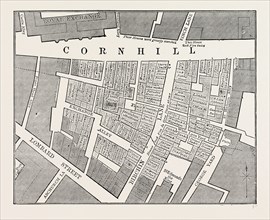Map showing the extent of the Great Fire in Cornhill in 1748, London, UK, 19th century engraving