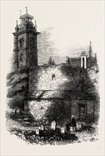 ST. GILES'S, CRIPPLEGATE, SHOWING THE OLD WALL. London, UK, 19th century engraving