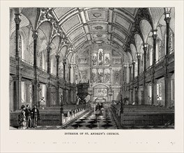 Interior of ST. Andrew's Church, London, UK, 19th century engraving