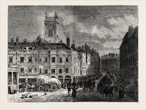 ST. ANDREW'S CHURCH, FROM SNOW HILL, IN 1850. London, UK, 19th century engraving