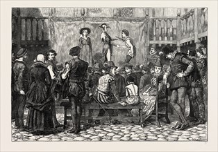 A PLAY IN A LONDON INN YARD, IN THE TIME OF QUEEN ELIZABETH. London, UK, 19th century engraving
