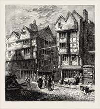 OLD HOUSES FORMERLY STANDING IN BUTCHER'S ROW, 1800, London, UK, 19th century engraving