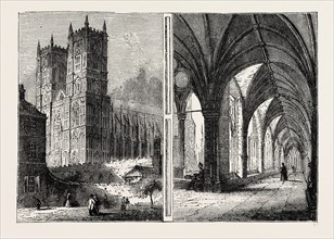 THE WESTERN TOWERS AND CLOISTERS OF WESTMINSTER ABBEY. London, UK, 19th century engraving