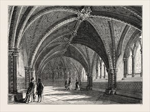 ST. STEPHEN'S CRYPT INTERIOR, Westminster, London, UK, 19th century engraving